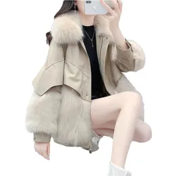 Women'S PU Leather Loose Coat, Faux Fox Hair, Splice, Mid-Length, Thickened, Warm, Fashion, New, Winter, 2024