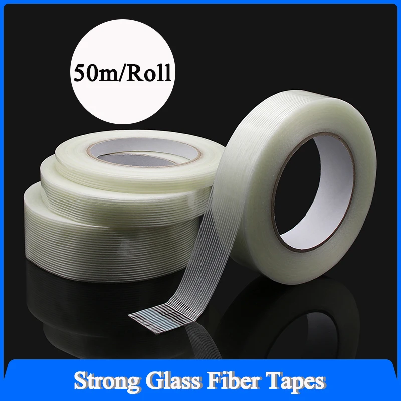 

50m/Roll Strong Glass Fiber Tape 5~80mm Industrial Strapping Packaging Fixed Seal Transparent Striped Single Side Adhesive Tape