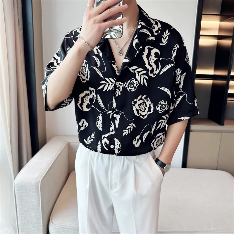 

Men's Clothing Fashion Kuba Collar Loose Shirt Summer Mid-sleeve Black White Printed Casual Shirt Men's Party Club Floral Shirts