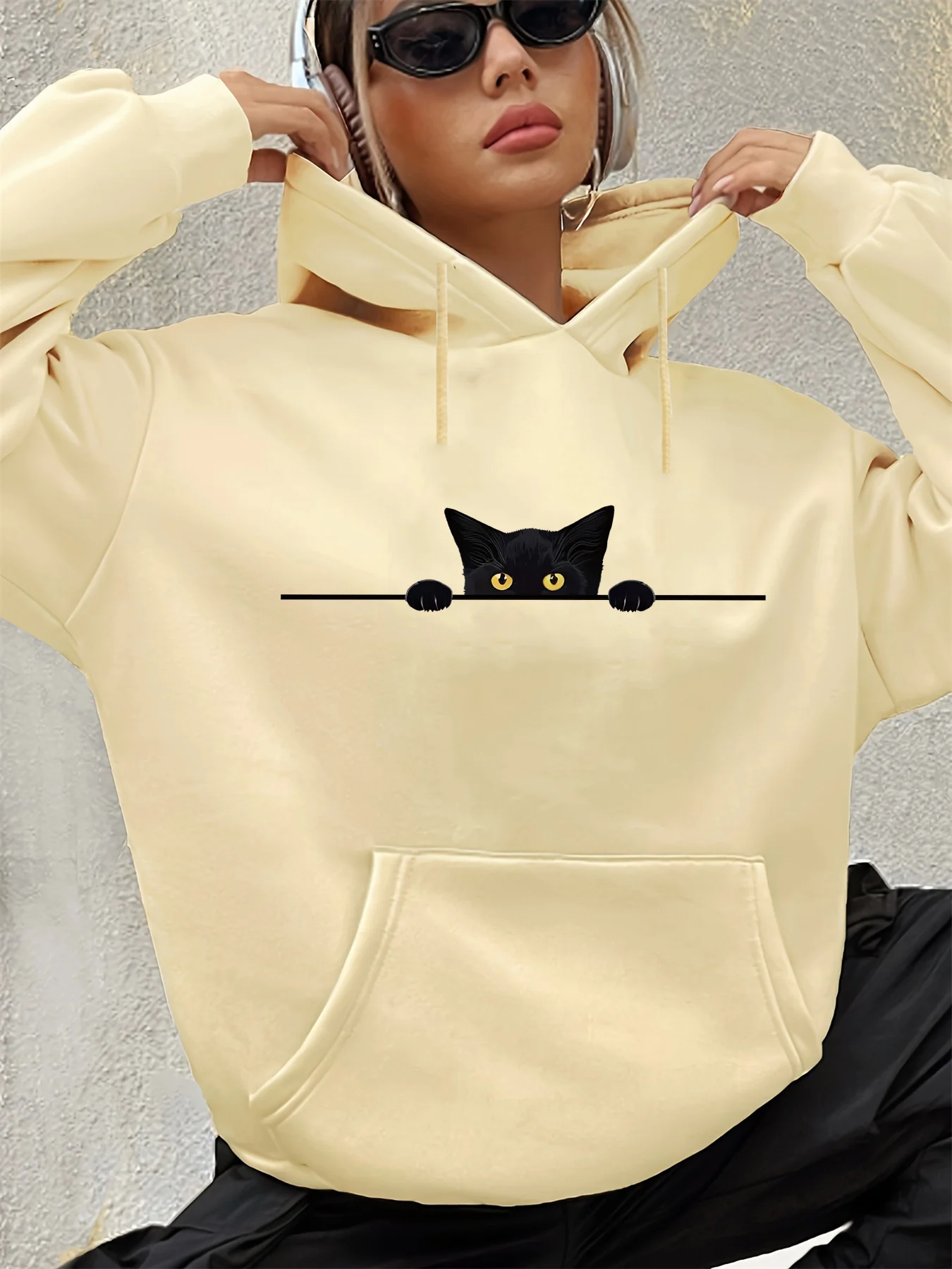 سترة نسائية للخريف والشتاء دافئة فضفاضة غير رسمية مطبوعة من جلد الغزال بأكمام طويلة وغطاء للرأس #4