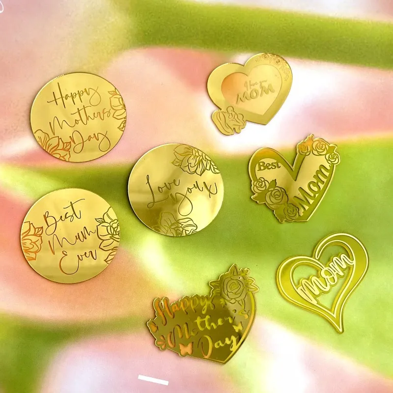 2025 New Mother\'s Day Cake Topper Golden Circular Acrylic Mom Birthday Party Cupcake Topper Dessert Decorations Baking Supplies