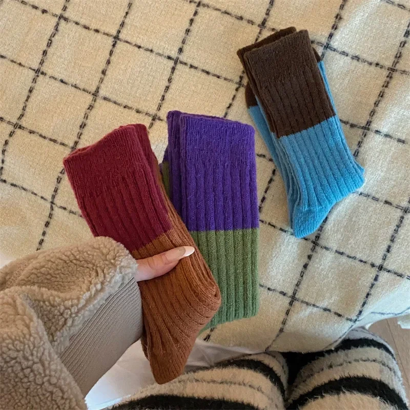 

Korean Style Women's Thickened Mid-Calf Wool Socks Autumn Winter Color Block Warm Retro Outdoor Wear Short Socks Calcetines 양말