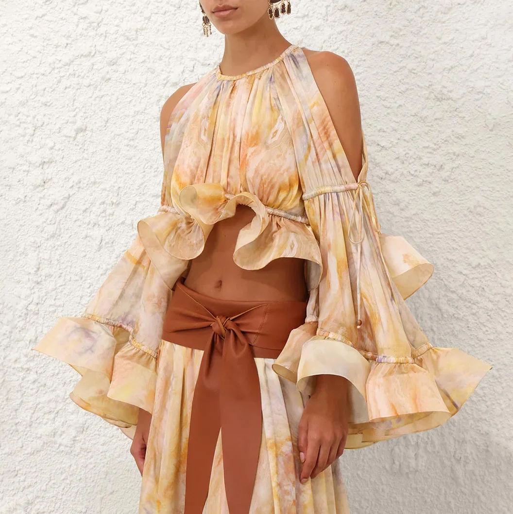 

Sexy Off Shoulder Blouse with Flare Sleeves Elegant Ink Printed Lotus Leaf Top Party Summer Outfits for Women Chic Style Shirt