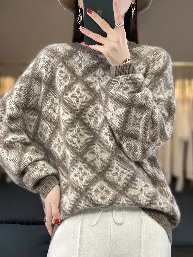 Autumn and Winter New 100% Pure Wool Sweater Women's Round Neck Jacquard Loose Head Knitted Sweater [Returns Not Supported]