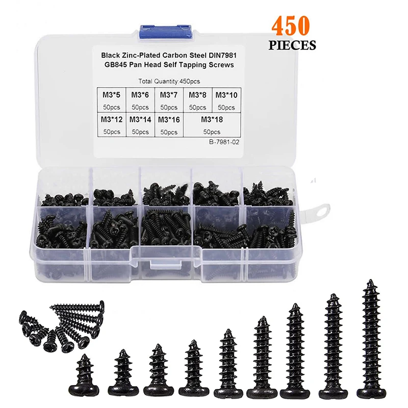 450PCS Black Carbon Steel Pan Head Round Head Self Tapping Screw Assortment Kit Self Tapping Wood Screw DIN7981