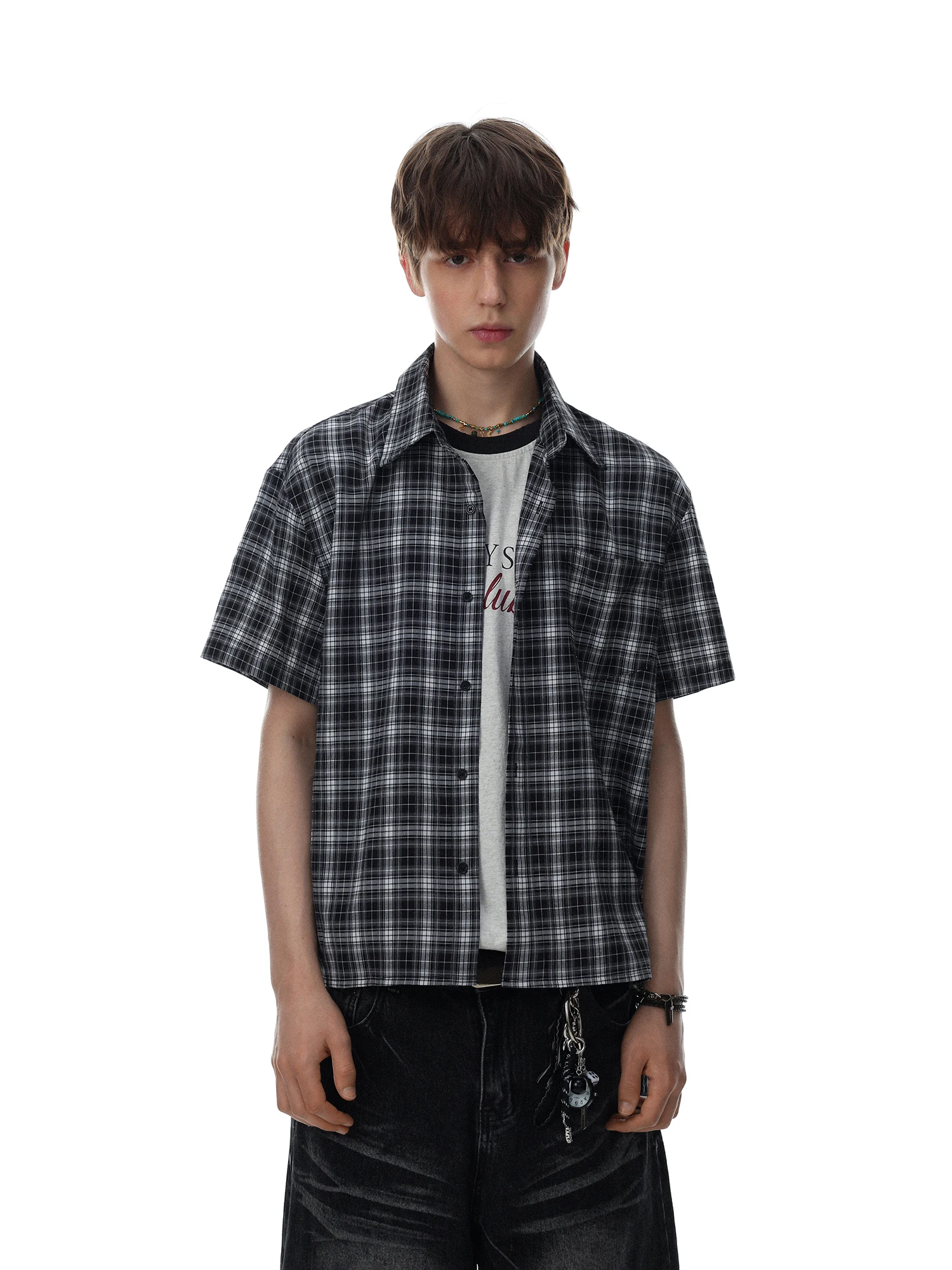 MRNEARLY American Retro Plaid Color Block Short Sleeve Loose Fit Men's Shirt Casual Versatile Commute Top Breathable Wear Res...