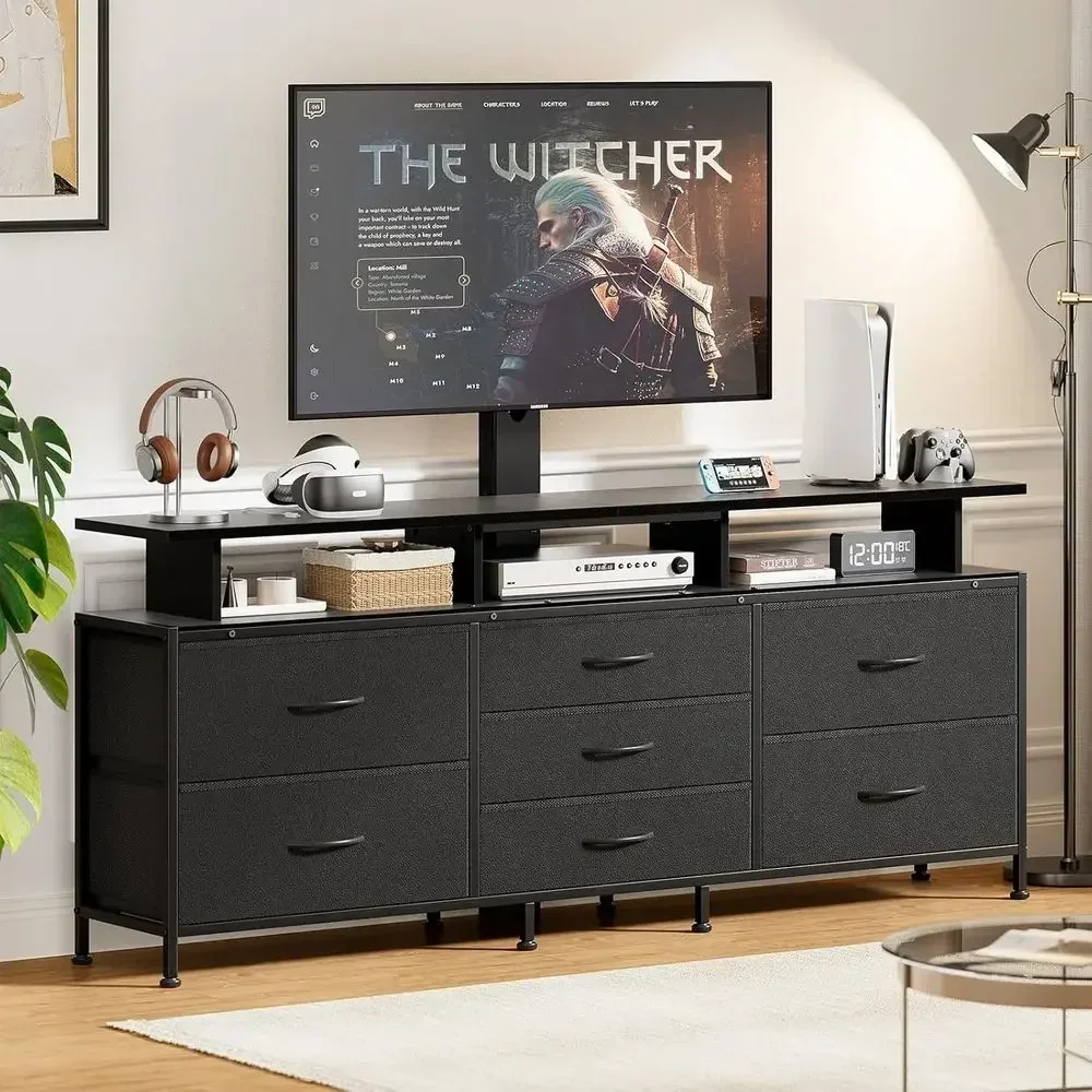 63 TV Stand with Adjustable Mount, Entertainment Center for 32-70 TVs, 7-Shelf Media Console in Carbon Fiber Black