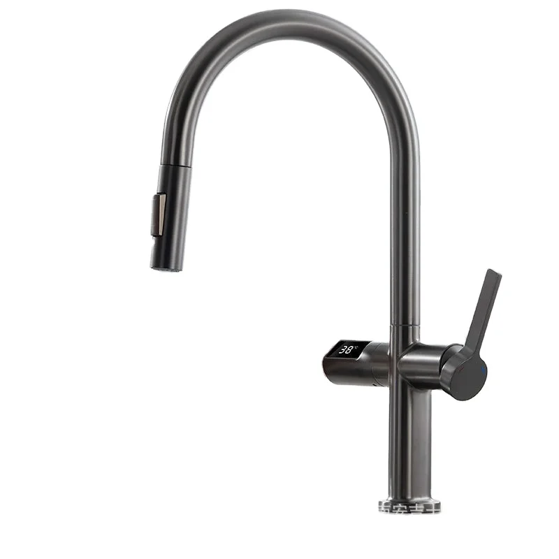 

Deluxe Gray Brass Digital Display Kitchen Faucet Single Handle Hand Pull Sprayer Sink Mixer Hot and Cold Water Mixing Tap