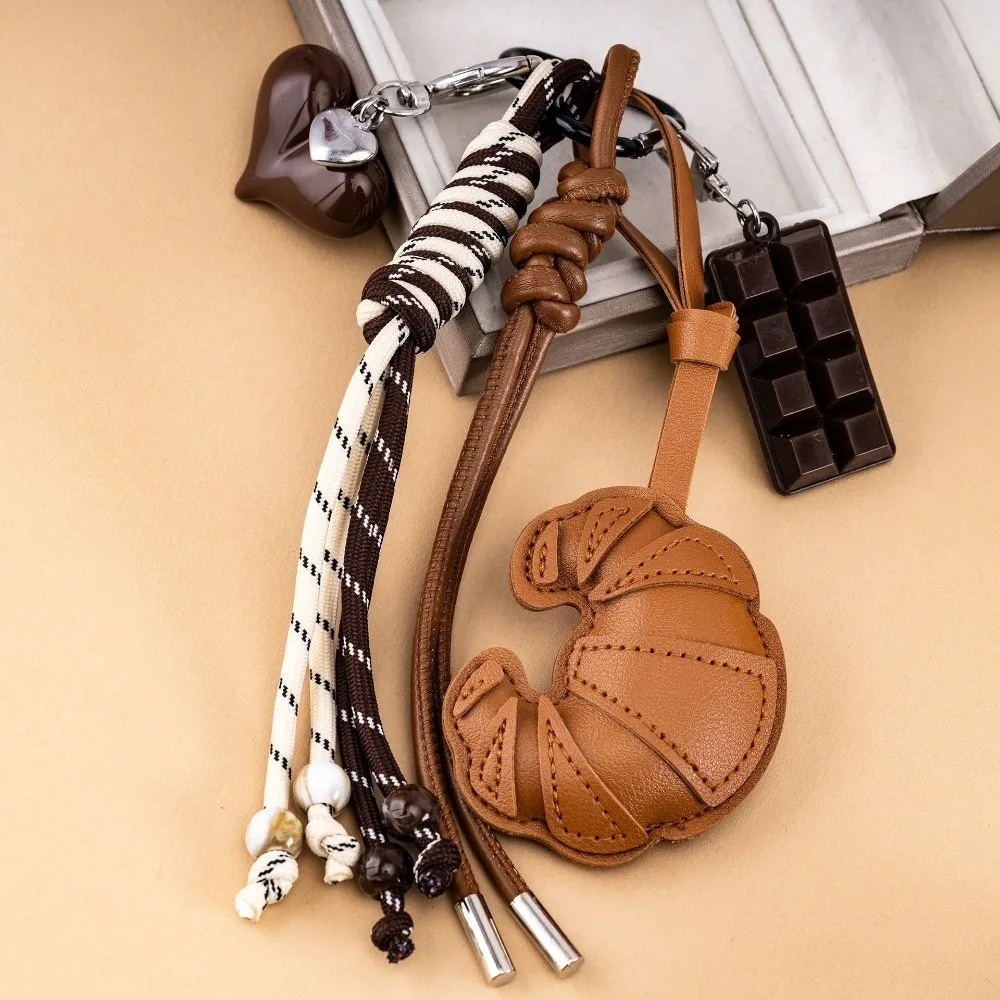 New Braided Rope Croissant Keychain Bread Shape Chocolate Mobile Phone Lanyard Leather Heart Bag Charms Ornaments Gifts