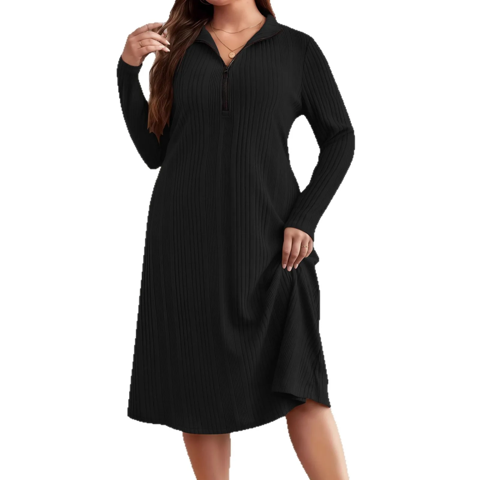 2026 5XL vestido de punto acanalado de talla grande para mujer con cremallera frontal cuello redondo elegante Casual Color sólido vestido de invierno de manga larga tallas grandes - Image 6