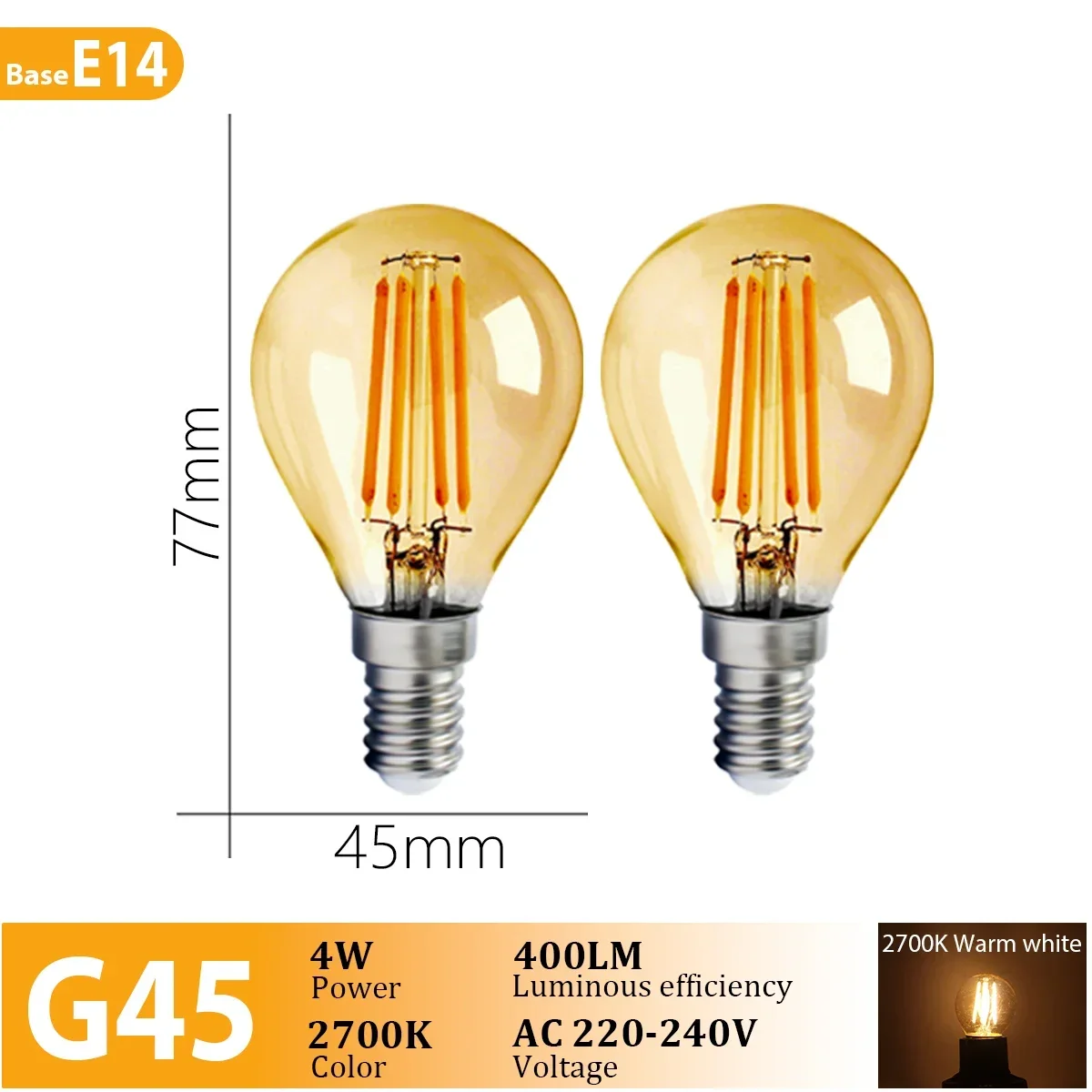 2 個省エネ LED フィラメント電球 220V E14 E27 B22 ウォームホワイト