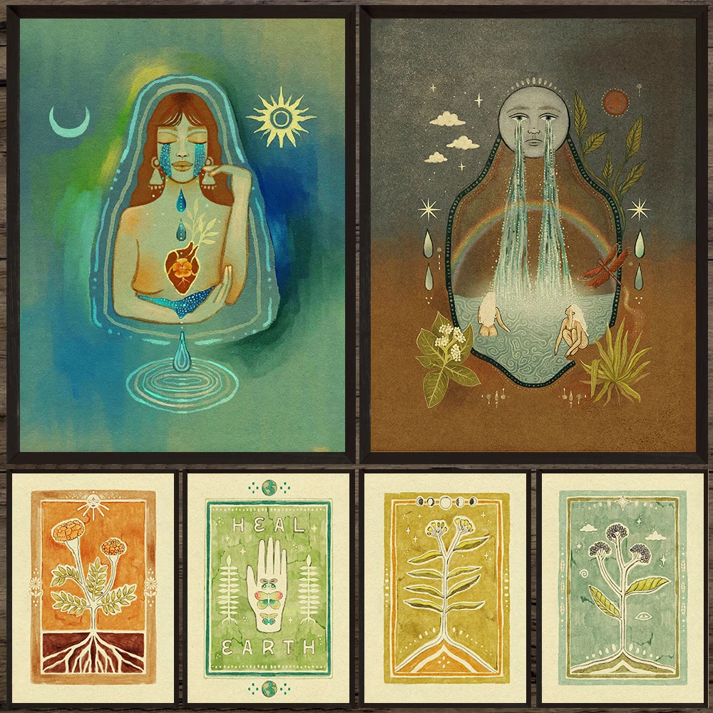 

Moon Phase Floral Art Print,Boho Room Decor Earthy Flower Illustration Orange Folk Art Poster,Nature Magic Wall Art Canvas Print