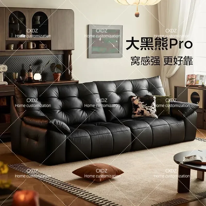 Light luxury Italian big black bear cloud leather sofa living room new modern first layer cowhide straight row latex wood