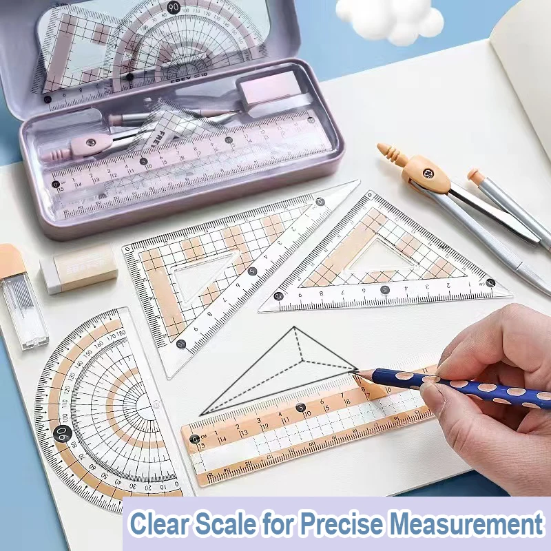 8-Piece Set of Measuring Rules for Students Including Compass Measuring Angle Ruler Triangular Ruler Measuring and Drawing Compl