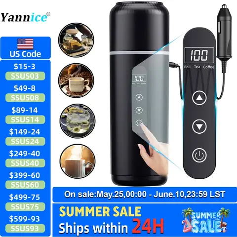 Electric kettle 12V 24V portable car heating cup 500 ml travel heating smart stainless steel insulation artifact OLED display