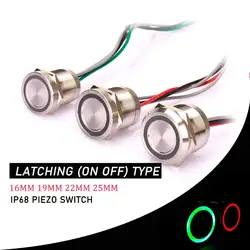 316 Stainless steel Waterproof IP68  illuminated Piezo Switch Latching on off 5v 12v 24v R&G 19MM 22MM 25MM