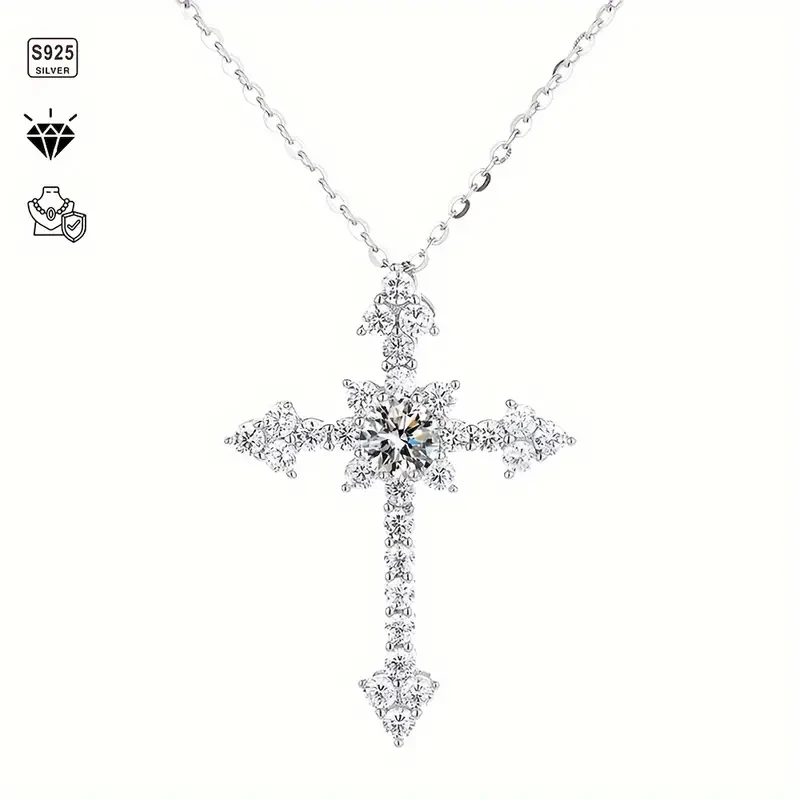 1pc S925 Silver with 1CT Moissanite Personalized Cross Necklace for Men and Women, Moissanite Gemstone Jewelry | Gifts for Mothe