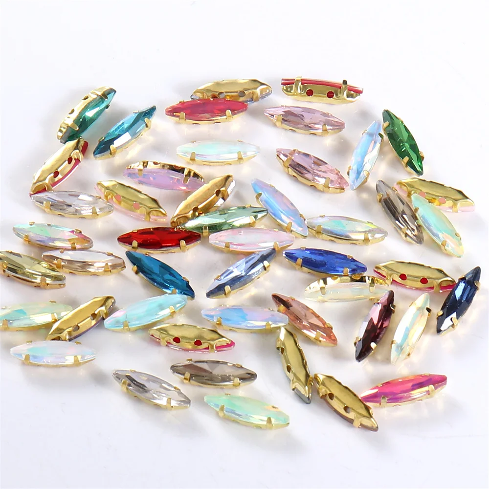 4x15mm vidro de olho de cavalo costurar em strass com base dourada costura pedras de cristal com parte traseira lisa para acessórios de roupas vestido de casamento