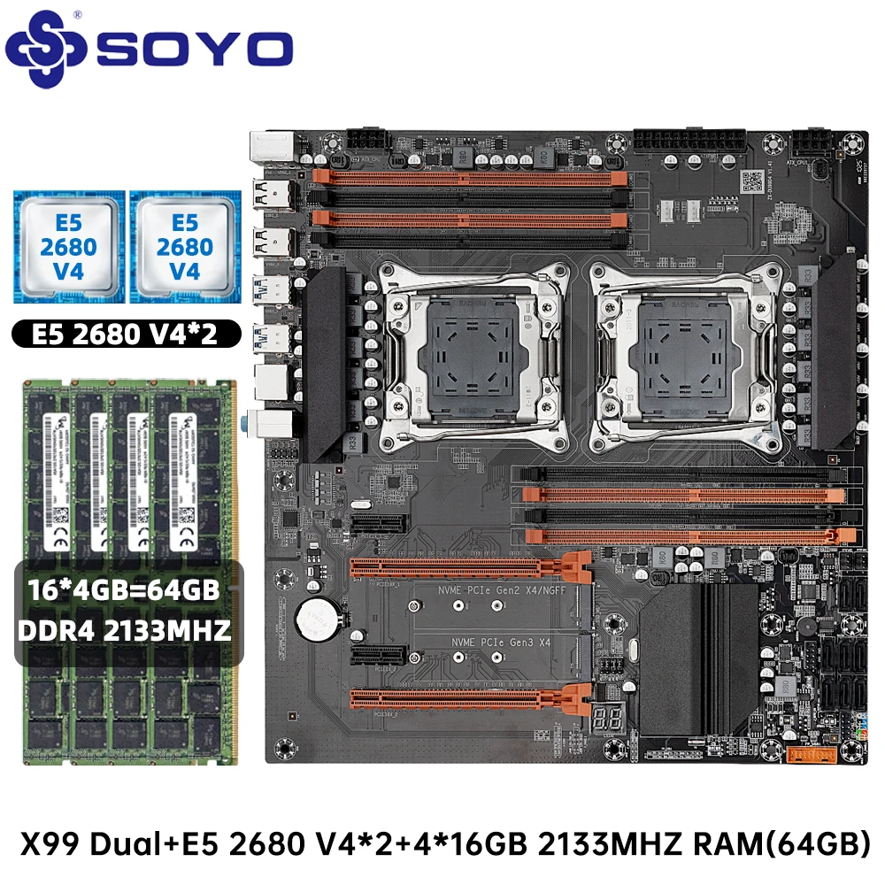 Placa Base para Juegos SOYO X99 con Doble CPU, Intel Xeon E5 2680 V4 y DDR4 64GB (4*16GB) LGA2011-3 M.2 NVME para Servidor/Computadora