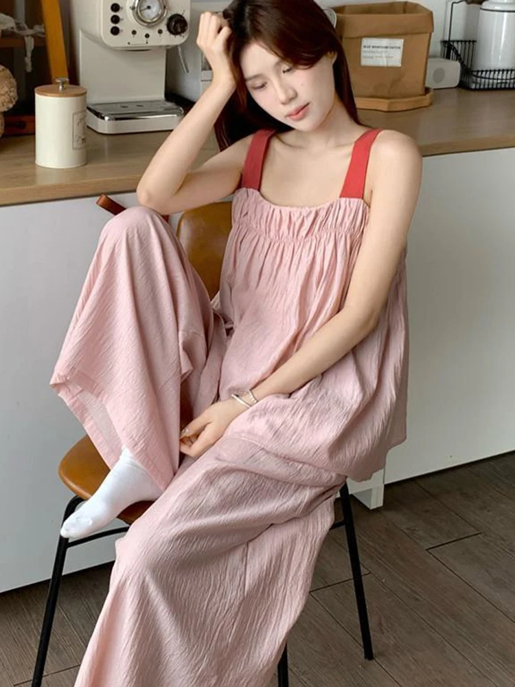 Summer Sweet Contrasting Color Suspender Tops Casual Pants 2Pcs Pajamas Set For Women 2024 New Simple Student Home Nightgown