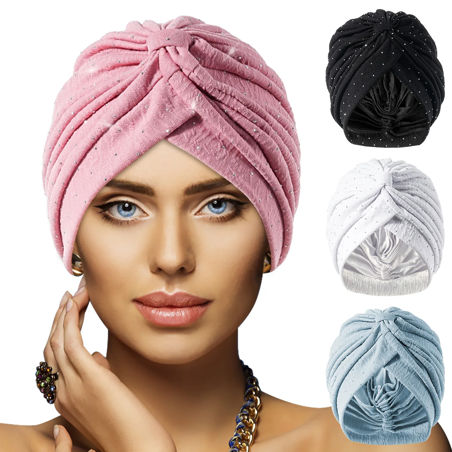 Rhinestone Women Turban African Headwrap Bonnet Soild Color Turban Hijab Cap