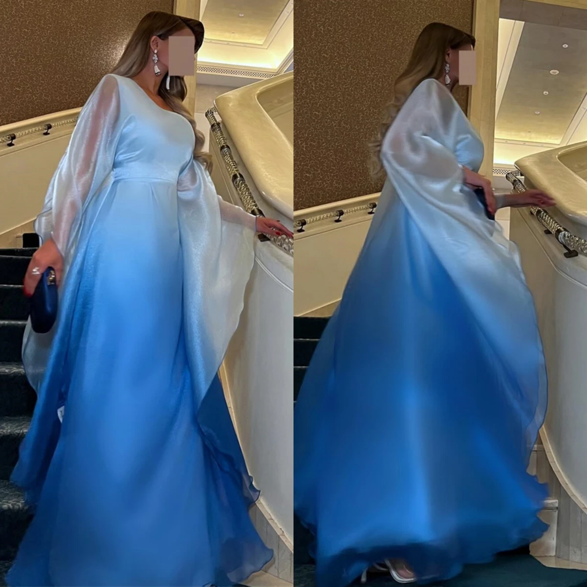 Personalizado requintado azul chiffon vestido de noite temperamento vestido de baile o pescoço mangas compridas ruched capela trem vestido de festa