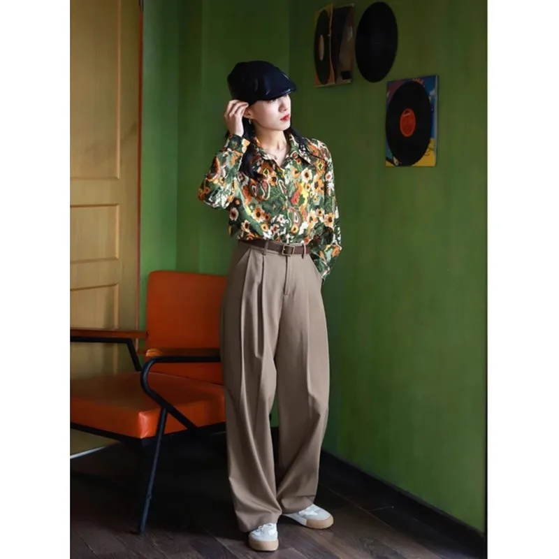 

Vintage Long Sleeve Printing Shirt Women's New Spring Fashion French Chic Lapel Top Inner Outer Wear Shirt TT35