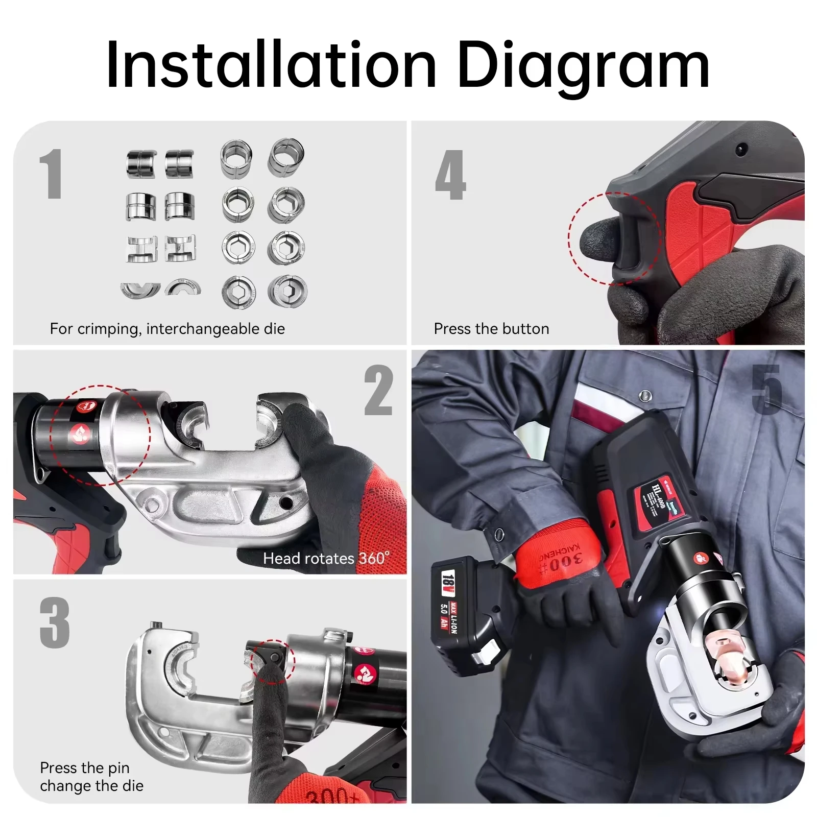 HL-400B Rechargeable Crimping Tool 16-400mm Hydraulic Copper Aluminum Terminal Crimping Pliers Battery Clamping Crimping Pliers