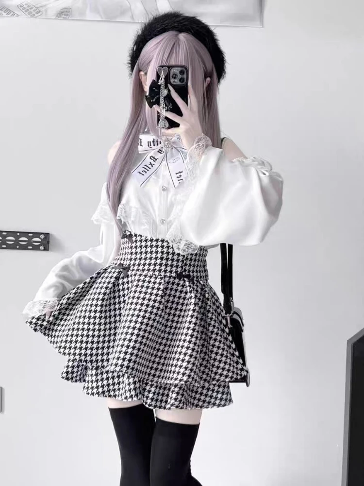 Gótico fora do ombro blusa preta houndstooth saia conjunto feminino y2k harajuku doce punk outfit manga larga superior saia de cintura alta