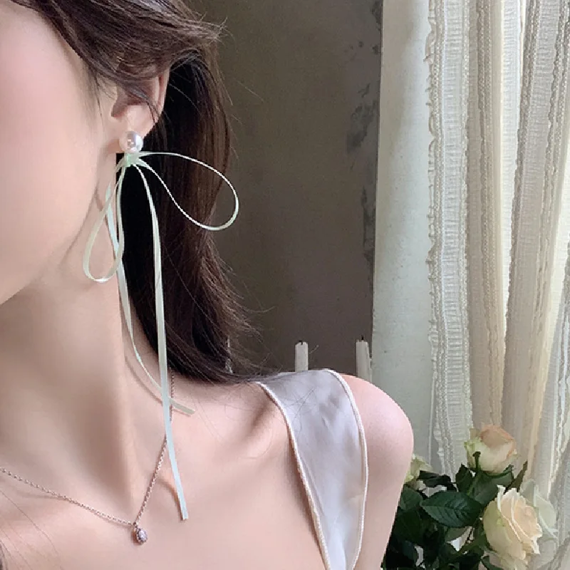 

Korean Fashion Ballet Style Fairy Long Ribbon Bow Pearl Earrings for Women Temperament Sweet Kpop Bow-knot Earring Jewelry Gift