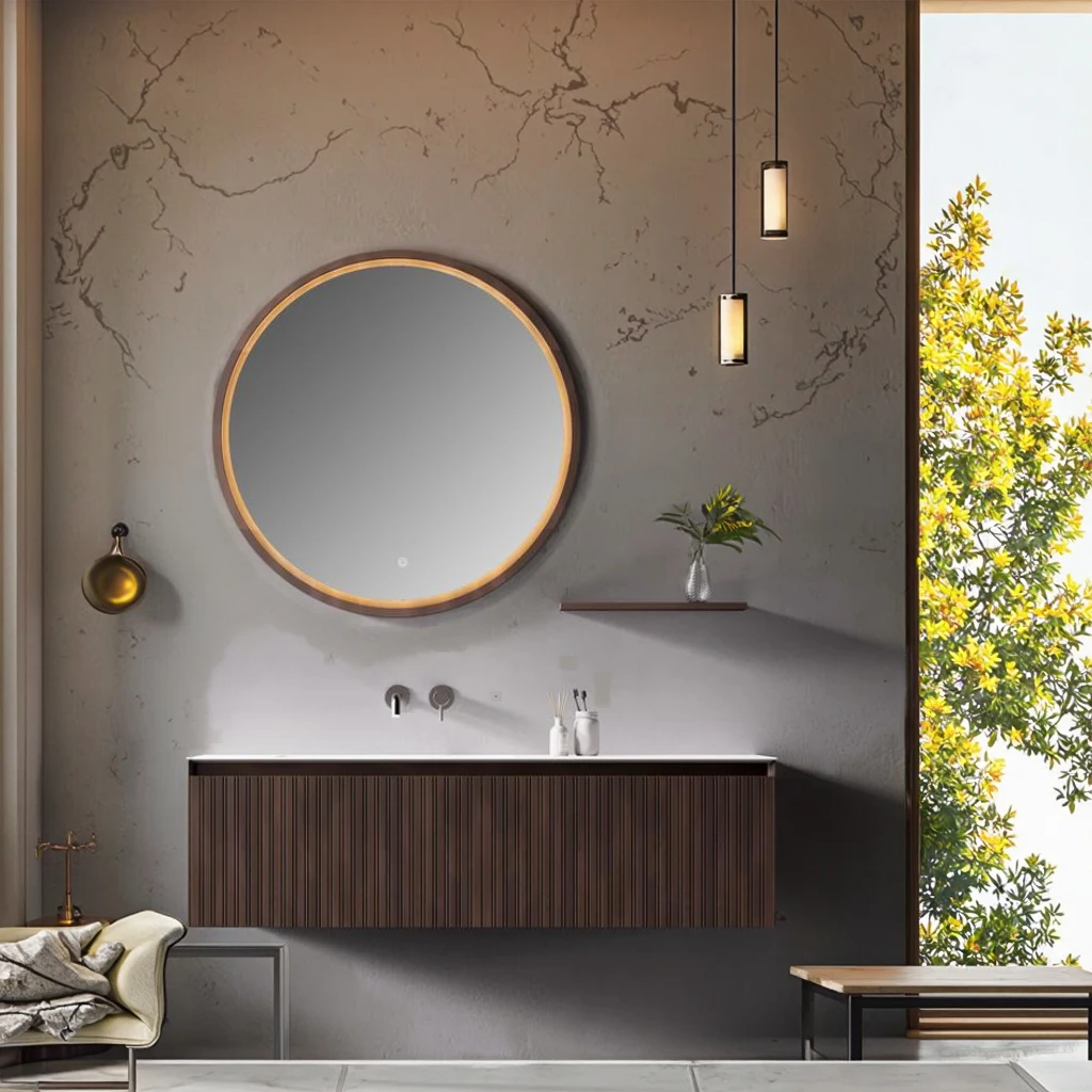 Modern LED Bath Mirror Wall Mounted Vanity With Carved Panel Waterproof Lacquered Plywood Vanity For Home Or Hotel Use