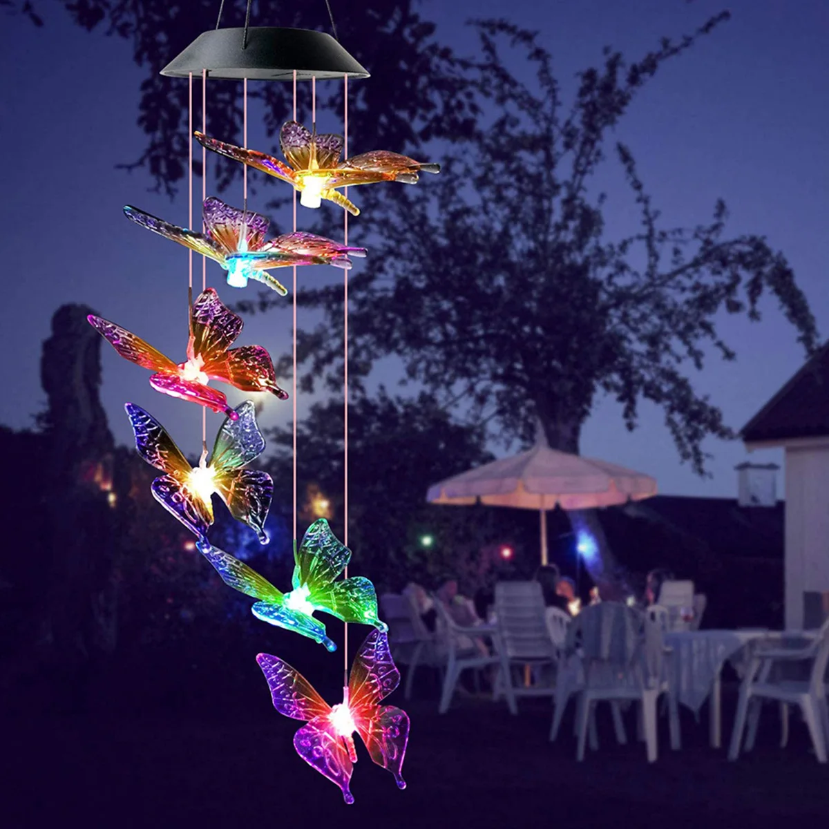 Solar Wind Chimes Light, Butterfly Garden Lamp, Luzes solares, Wind Chime, Luz colorida, Lâmpada de suspensão impermeável, Decoração do jardim