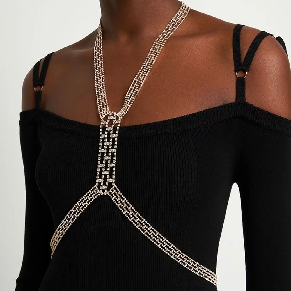 Sexy Hollow Crystal Rhinestone Body Chain Harness Men Women Jewelry Punk Body Chain Collar Statement Bra Necklace Accessory