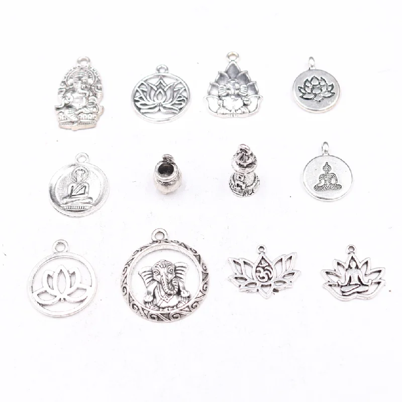 Vintage Silver Plated Buddhist Lotus Bodhisattva Pagoda Ganesha Pendant DIY Charm Bracelet Necklace Jewelry Crafts Making P2706