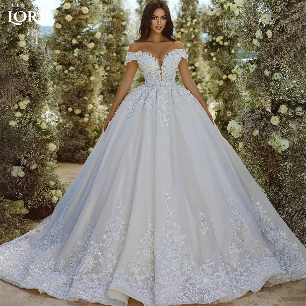 LORIE-vestidos de novia de encaje con purpurina Vintage, apliques con hombros descubiertos, corte en A, cuello en V, vestido de novia de princesa sin espalda personalizado