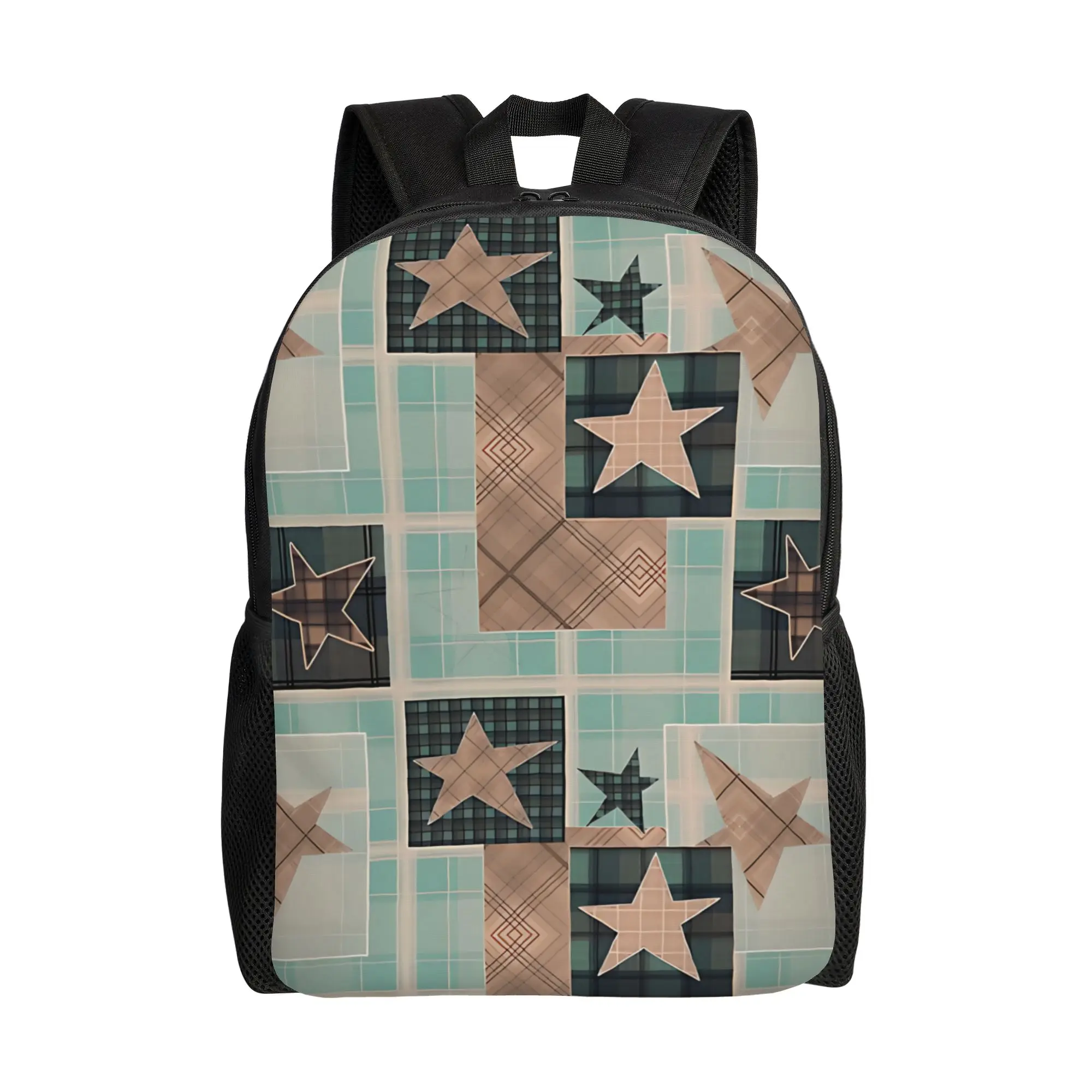 

Рюкзак в клетку бежево-мятного цвета с пэчворком и звездами, городской, для старшеклассников, на молнии, 1 шт.