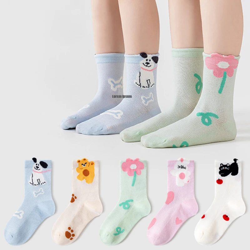 5 Paar Kindersocken, neue niedliche Cartoon-Kleinkind-Röhrensocken für Mädchen, atmungsaktive Mesh-Kindersocken für Jungen