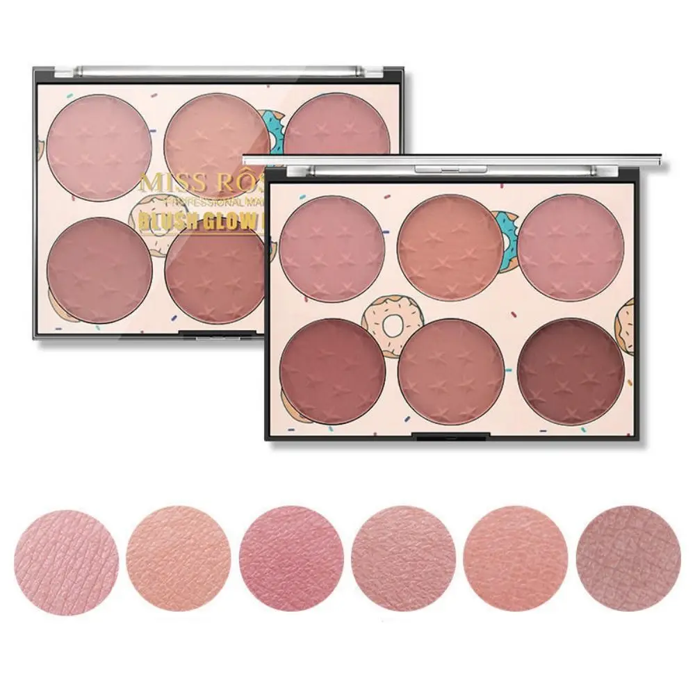 Colorete en polvo resistente al agua, efecto iluminador, paleta de maquillaje de larga duración, paleta de rubor de 6 colores mezclable, uso diario