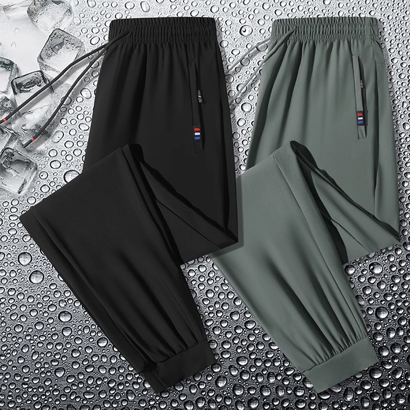 Pantalones deportivos elásticos para hombre, calzas finas transpirables de talla grande para correr al aire libre, cintura elástica, seda de hielo,