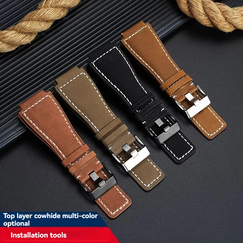 For Bell & Ross Genuine Leather Watch Strap B&R Men BR01 BR03 BR-01 BR-03 Cowhide Watchband Bracelet Convex 24mm Wristband Brown - Image 2