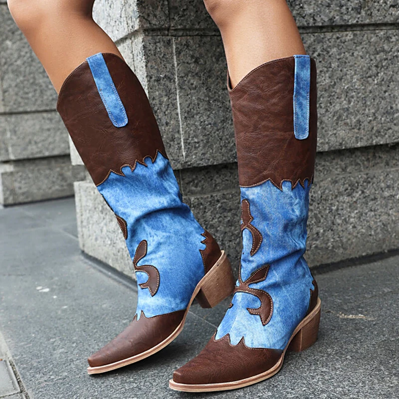 

Denim Leather Patchwork Western Style Pointy toe Long Boots Women Low Square Heels Cowboy Wedges Shoes Knee High Booties