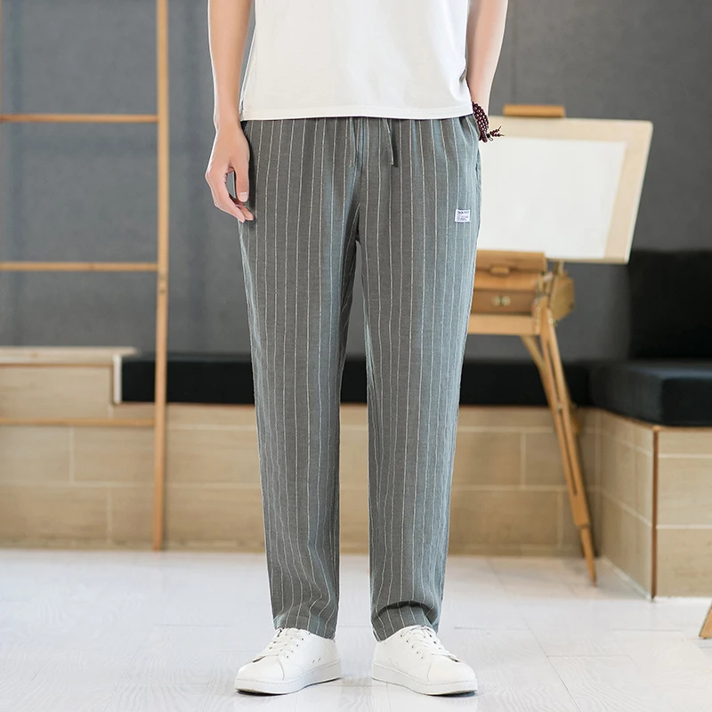 

Мужские летние повседневные брюки свободного кроя, прямые брюки из хлопка и льна, модные брендовые свободные спортивные брюки в стиле ретро в полоску