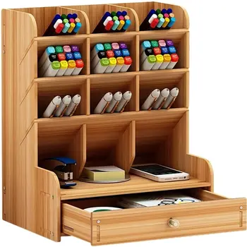 1pc wooden desk organizer multifunctional DIY home office and school pencil holder storage box desktop stationary storage rack