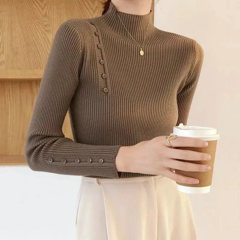 

New Spring Autumn Mock Neck Slim Skinny Elastic Knitted Women Pullover Sweater Tops Female Long Sleeve Knit WomenTops