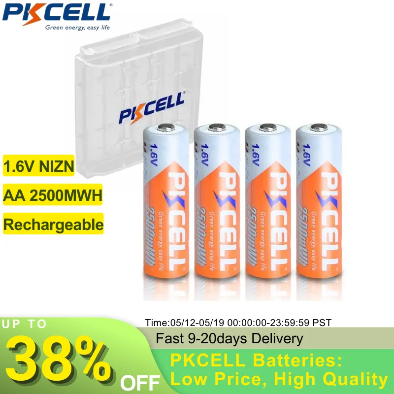4PCS PKCELL AA 2500mWh 1.6V Ni-Zn AA batterie ricaricabili 2A NIZN batteria e 1PCS AA/AAA batteria custodia per giocattolo