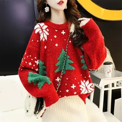 Korean Style Red Women Christmas Sweater Funny Cute Christmas Tree Snowflake Long Sleeve Knitted Sweater Pullover Jumper Tops