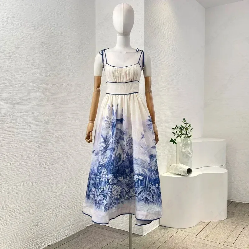 

New Collection White Pleat Ruched Floral Print Sleeveless Women Midi Dress for Holiday