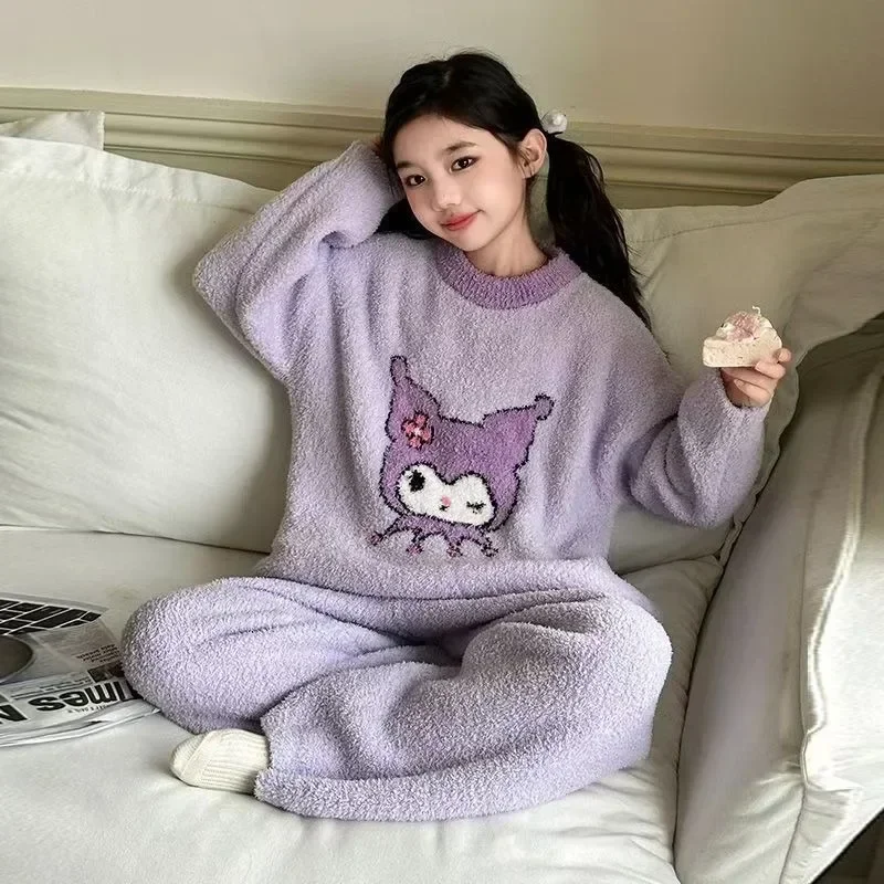 Sweet Kuromi Anime MINISO Kawaii Ins Home Wear Pajamas Autumn Winter Fashion Children Long  Sleeve Shirt Pants Set Gifts Toys