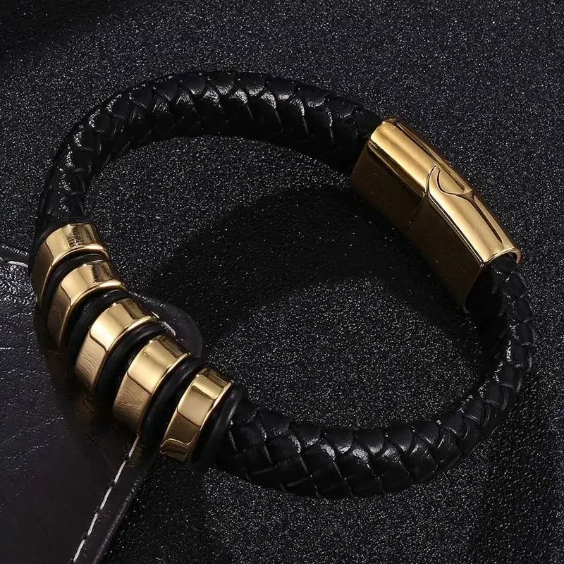 Perhiasan Punk gelang kepang kulit hitam pria gelang Magnet besi tahan karat gesper pria gelang indah hadiah pesta SP0776