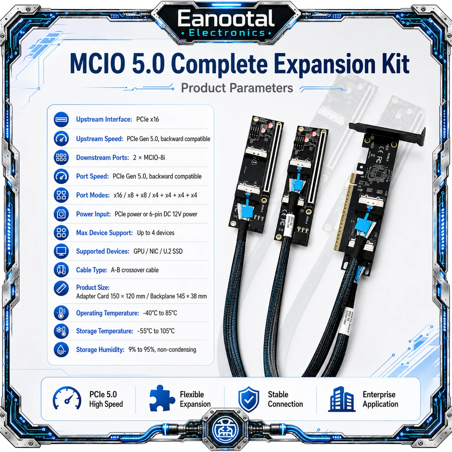 PCIe 5.0 X16 to Dual MCIO 8i Riser Kit GPU NIC U.2 SSD Expansion Adapter for Server Workstation Computer System